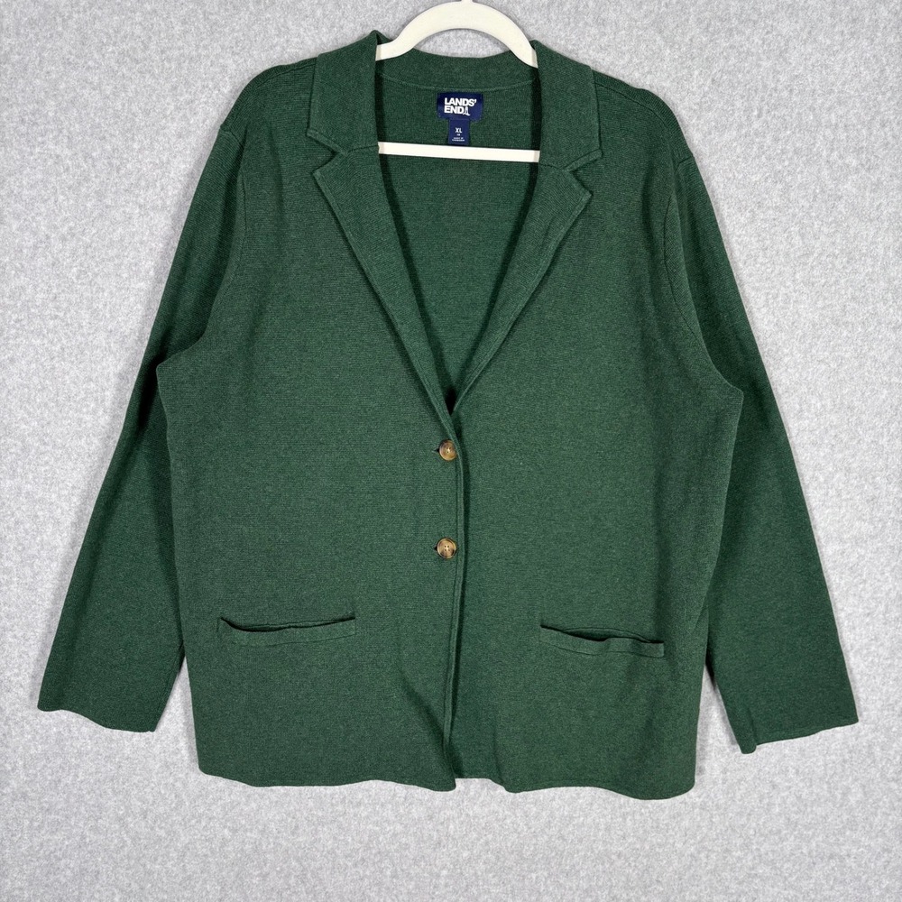 Lands End Sweater Knit Blazer Cardigan XL Green 100% Cotton Classic Preppy